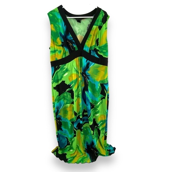 Enfocus Women Slip Dress Midi Length V Neck Green, Yellow, Blue Tropical Sz 20 - Picture 1 of 3